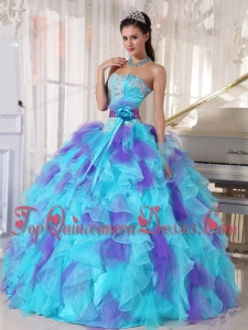 2014 Aqua and Purple Organza Appliques Decorate Quinceanera Dress
