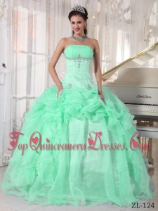 Apple Green Ball Gown Strapless Floor-length Organza Beading Quinceanera Dress