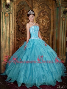 Gorgeous Ball Gown Strapless Floor-length Appliques Organza Aqua Blue Quinceanera Dress