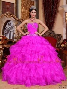 Hot Pink Ball Gown Sweetheart Floor-length Organza Beading Quinceanera Dress