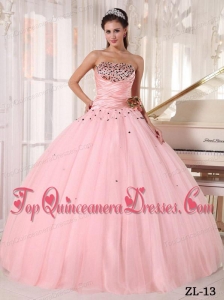 Pink Ball Gown Strapless Floor-length Tulle Beading and Ruch Quinceanera Dress