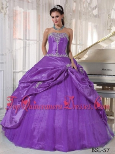 Purple Ball Gown Strapless Floor-length Taffeta and Tulle Appliques Quinceanera