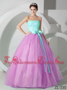 Ball Gown Strapless Lilac and Apple Green Sash and Ruching Quinceanea Dress