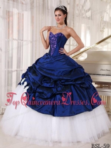 Blue and White Ball Gown Sweetheart Long Appliques Quinceanera Dress