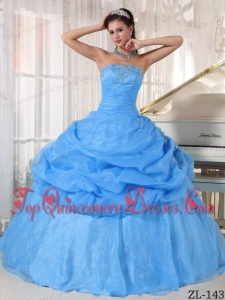 Baby Blue Ball Gown Strapless Floor-length Organza Appliques Quinceanera Dress