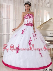 Ball Gown Strapless Floor-length Red and White Appliques Quinceanera Dress