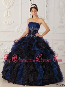 Blue and Black Ball Gown Strapless Floor-length Taffeta and Organza Beading Quinceanera Dress