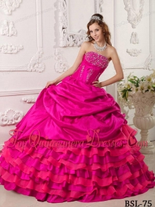 Coral Red Ball Gown Strapless Floor-length Taffeta Beading Quinceanera Dress