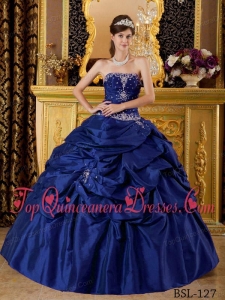 Dark Blue Ball Gown Strapless Floor-length Taffeta Appliques Quinceanera Dress