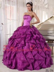 Eggplant Purple Ball Gown Strapless Floor-length Satin and Organza Beading Quinceanera Dress