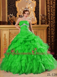 Green Ball Gown Floor-length Organza Beading And Ruffles Quinceanera Dress