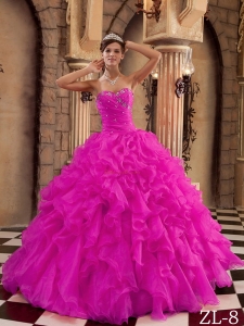 Hot Pink Ball Gown Sweetheart Floor-length Ruffles Organza Quinceanera Dress