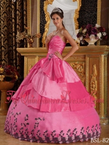 Hot Pink Ball Gown Sweetheart Floor-length Taffeta Appliques Quinceanera Dress