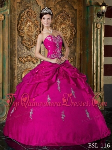 Hot Pink Ball Gown Sweetheart Floor-length Taffeta Appliques Quinceanera Dress