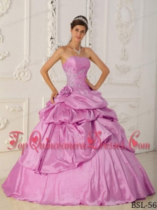 Rose Pink A-Line / Princess Strapless Floor-length Taffeta Beading Quinceanera Dress