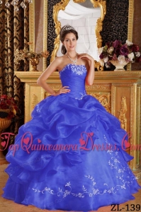 Ryal Blue Ball Gown Strapless Floor-length Embroidery Organza Quinceanera Dress