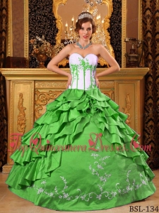 Spring Green and White Sweetheart Ruffles and Embroidery Quinceanera Dress