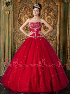 Wine Red A-Line / Princess Sweetheart Floor-length Beading Tulle Quinceanera Dress