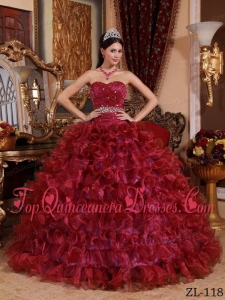 Wine Red Ball Gown Sweetheart Floor-length Organza Beading Quinceanera Dress