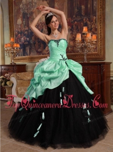 Apple Green and Black Ball Gown Sweetheart Floor-length Hand Flowers Tulle and Taffeta Quinceanera Dress