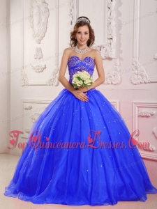 Blue A-Line / Princess Sweetheart Floor-length Satin and Organza Beading Quinceanera Dress