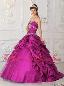Fuchsia A-Line / Princess Sweetheart Floor-length Taffeta and Tulle Appliques with Beading Quinceanera Dress