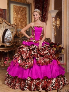 Fuchsia Ball Gown Strapless Floor-length Taffeta and Leopard Pick-ups Quinceanera Dress