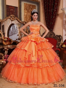 Orange Red Ball Gown Strapless Floor-length Organza Ruffles Quinceanera Dress