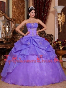 Purple Ball Gown Strapless Floor-length Organza Beading Quinceanera Dress