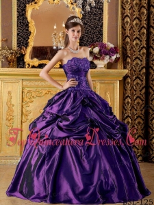 Purple Ball Gown Strapless Floor-length Taffeta Appliques Quinceanera Dress