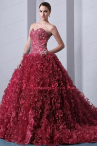 Red A-Line / Princess Sweetheart Brush Train Organza Beading and Ruffles Quinceanea Dress