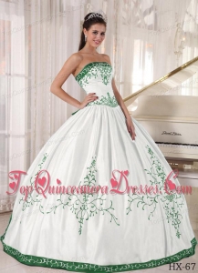 White and Green Strapless Floor-length Embroidery Quinceanera Dress