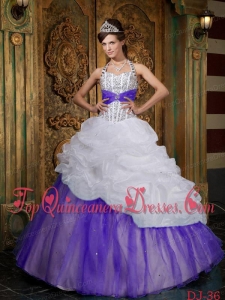White and Purple A-line / Princess Halter Floor-length Beading Quinceanera Dress