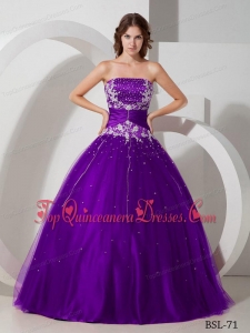 Ball Gown Strapless Floor-length Taffeta and Tulle Appliques and Beading Quinceanera Dress