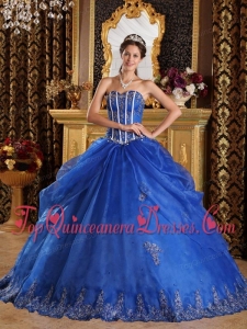 Blue Ball Gown Sweetheart Floor-length Appliques Organza Quinceanera Dress