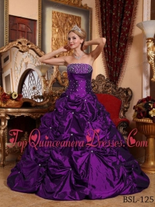 Eggplant Purple A-line Strapless Floor-length Taffeta Beading Quinceanera Dress