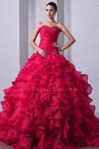 Hot Pink A-Line / Princess Sweetheart Brush Train Organza Beading and Ruffles Quinceanea Dress