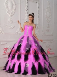 Hot Pink and Black A-Line / Princess Strapless Floor-length Organza Appliques Quinceanera Dress