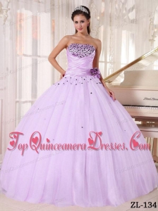 Lilac Ball Gown Strapless Floor-length Tulle Beading and Ruch Quinceanera Dress