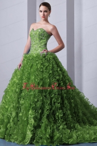 Olive Green A-Line / Princess Sweetheart Brush Train Organza Beading and Ruffles Quinceanea Dress