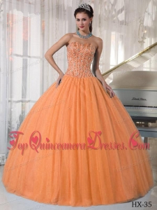 Orange Red Ball Gown Sweetheart Floor-length Tulle Beading Quinceanera Dress