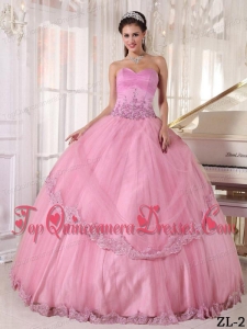 Pink Ball Gown Sweetheart Floor-length Taffeta and Tulle Appliques Quinceanera Dress