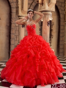 Red Ball Gown Sweetheart Floor-length Ruffles Organza Quinceanera Dress