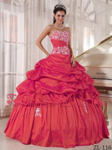 Red Ball Gown Sweetheart Floor-length Taffeta Appliques and Ruch Quinceanera Dress