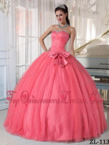Watermelon Ball Gown Sweetheart Floor-length Tulle Beading and Bowknot Quinceanera Dress