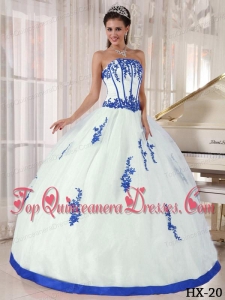 White and Blue Strapless Floor-length Appliques Quinceanera Dress