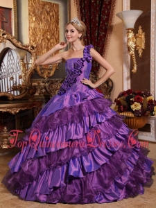 Ball GownOne Shoulder Taffeta and Organza Hand Made Flowers Quinceanera Dress