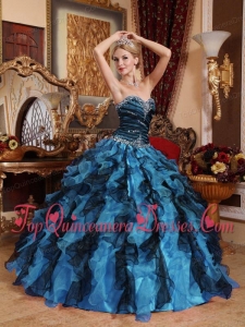 Blue and Black Sweetheart Beading and Ruffles Quinceanera Dress