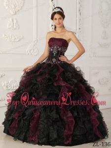 Burgundy and Black Ball Gown Strapless Floor-length Taffeta and Organza Beading Quinceanera Dress