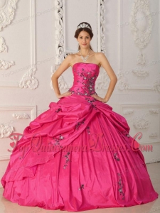 Coral Red Ball Gown Strapless Floor-length Taffeta Appliques Quinceanera Dress